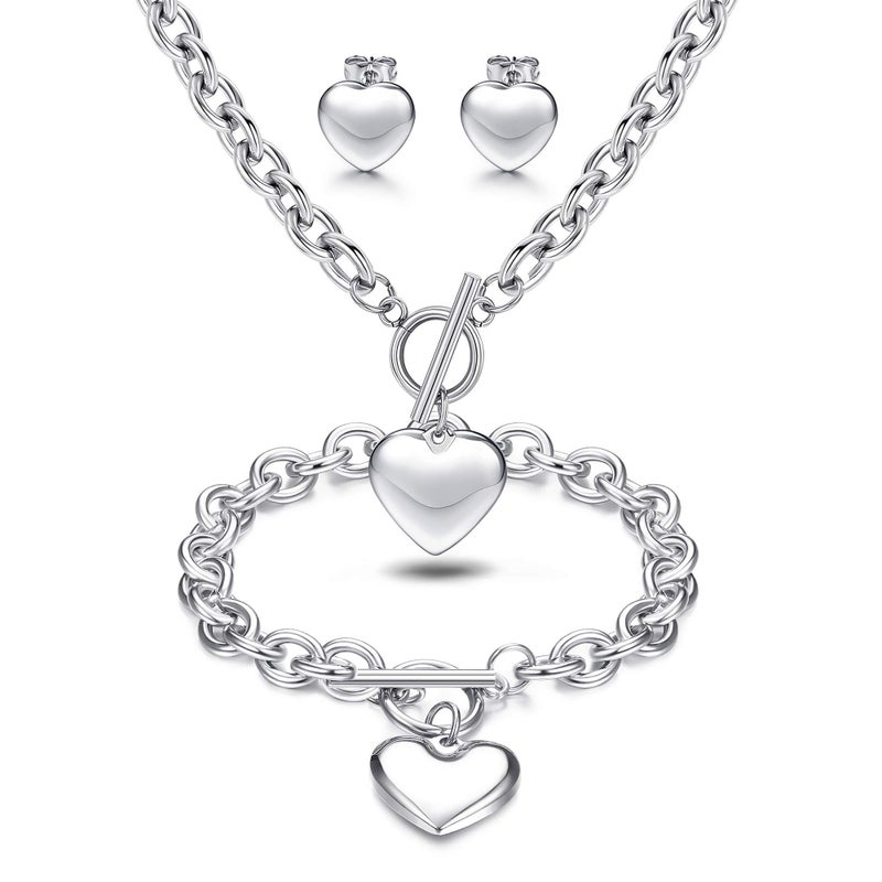 LOYALLOOK 3Sets Heart Pendant Necklace Toggle Chain Heart Bracelet Heart Stud Earrings for Women Stainless Steel Charm Love Heart Jewelry Set for Halloween - Image 1
